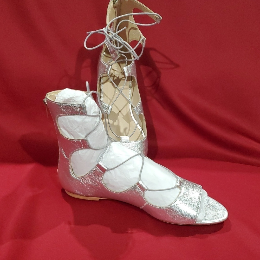 Loeffler Randall silver leather lace up gladiator sandals nwot